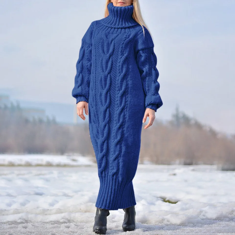 Women'S Autumn Winter Knit Dress Solid Turtleneck Loose Fit Sweater Long Dress Ladies Elegant Thicken Warm Dresses Vestidos