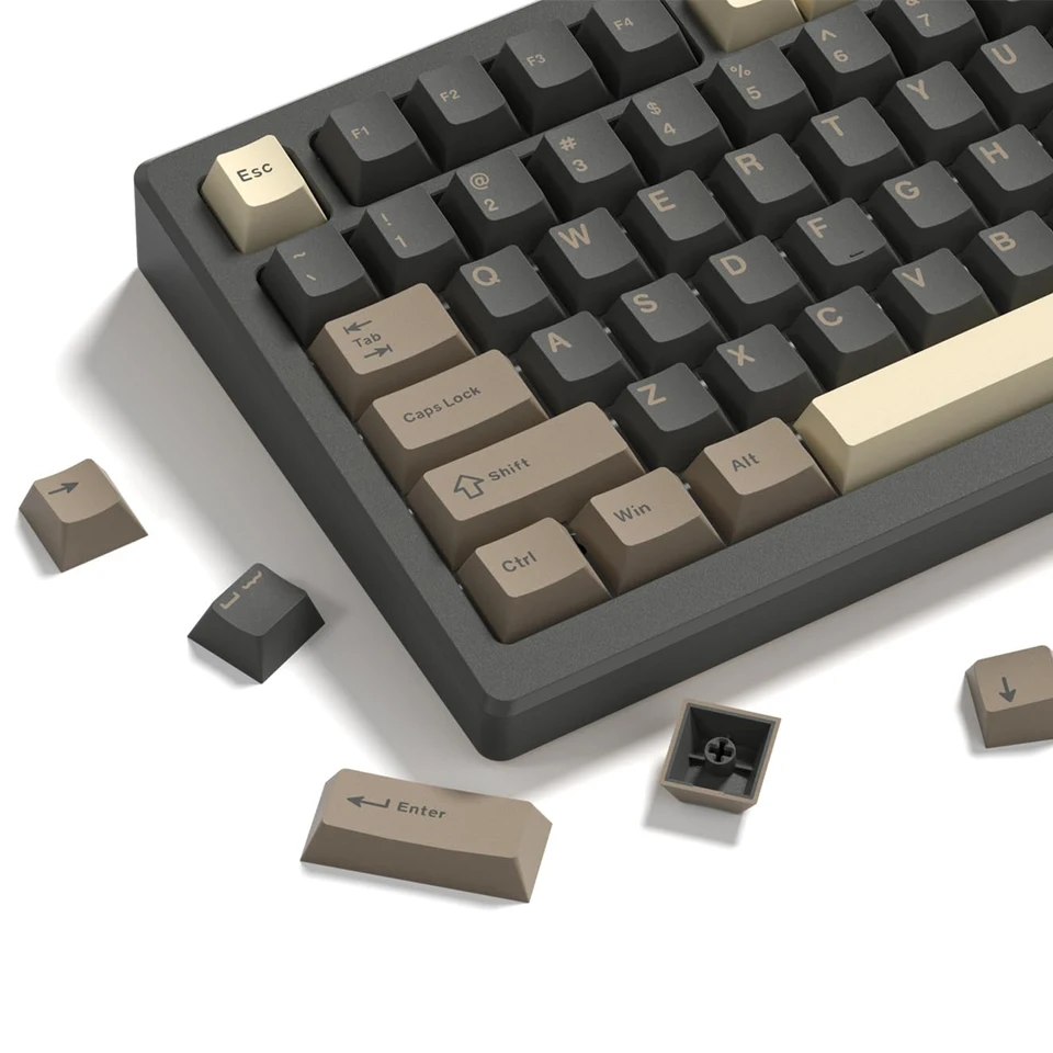 WOMIER 138 Klávesy retro hnedá šedá PBT Keycap Double Shot Shot Cherry Profile Kľúčové čiapky pre spínače Cherry MX