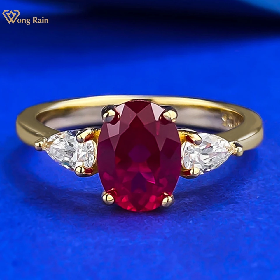 Wong Rain 18k Goldet 925 Sterling Silver Oval Cut 6*8 mm Ruby High Carbon Diamond Gemstone Dámske prstene Darčeky na šperky