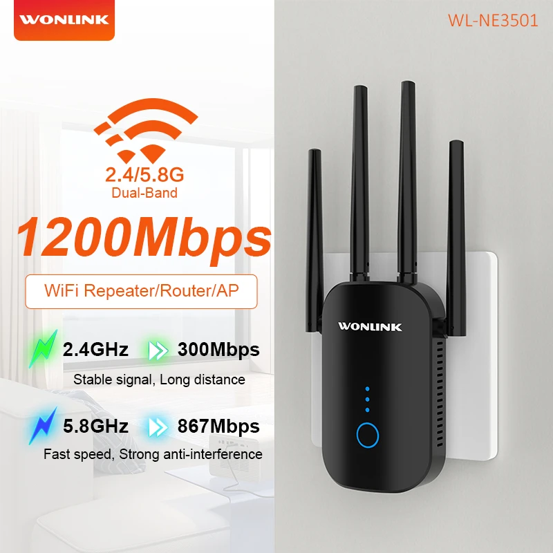 WonLink 1200 Mbps WiFi Repeater Wireless WiFi Range Extender Dual Band Repeater 2.4/5 GHz 4 Anténa čierna biela