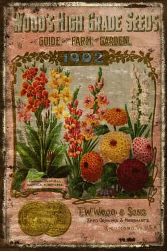 Wood's Seeds & Gardening Advert, starý vzhľad, nový vintage retro štýl kovový znak