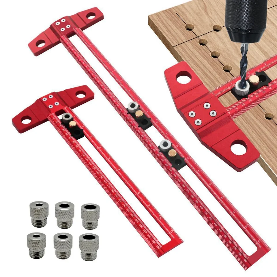 Woodworking 2 v 1 vŕtacích umiestnení bodovacieho pravítka hliníka Scriber Značenie T štvorcový prípravok s 6/8/10 mm vŕtacím rukávom