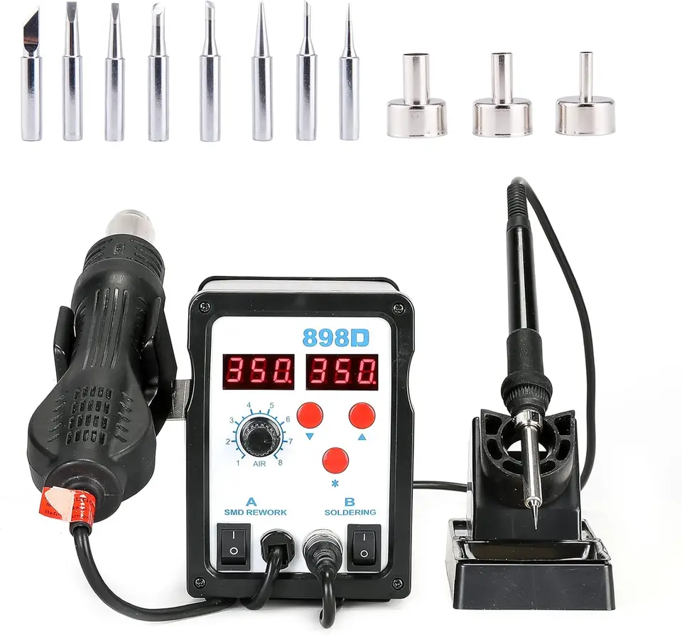 Works 2 in 1 SMD spájkovacia stanica železa a horúceho vzduchu s displejom LED, 898D spájkavá súprava s tepelnou pištoľou, digitálne