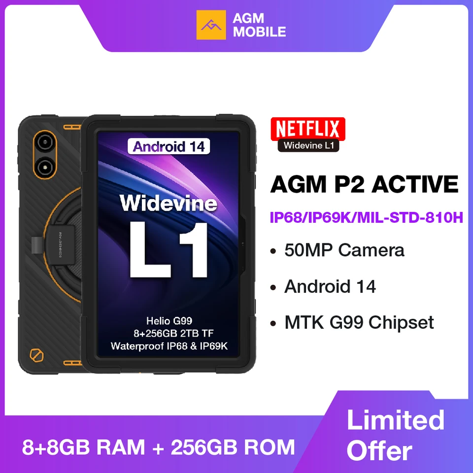 World Premiere AGM Pad P2 Active 11 ”FHD Rugged Tablet P2W nepremokavá, odolná voči kvapkám, 8 GB+256 GB, Android 14, G99, WideVine L1