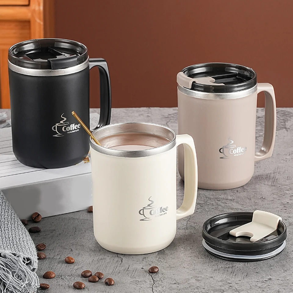 Worthbuy dvojvrstvová izolovaná izolovaná kávová šálka hrnčeka 304 Nerezová vodná šálka s vekom a rukoväťou 450 ml pitia šálky pitia Drinkware