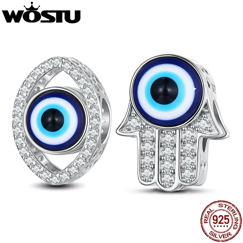 Wostu 925 Sterling Silver Blue Evil Eye Charms FATIMA Ručne korálky Fit Original náramok
