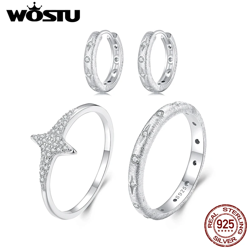 Wostu 925 Sterling Silver Brushed Star Ring for Women Luxury Wedding Hoop náušnice Party šperky sada AAA Zircon Band Rings Rings Darček