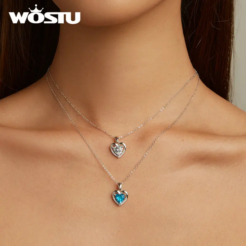 Wostu 925 Sterling Silver Heart Blue zirkon biely zirkón Náhrdelník pre ženy Party