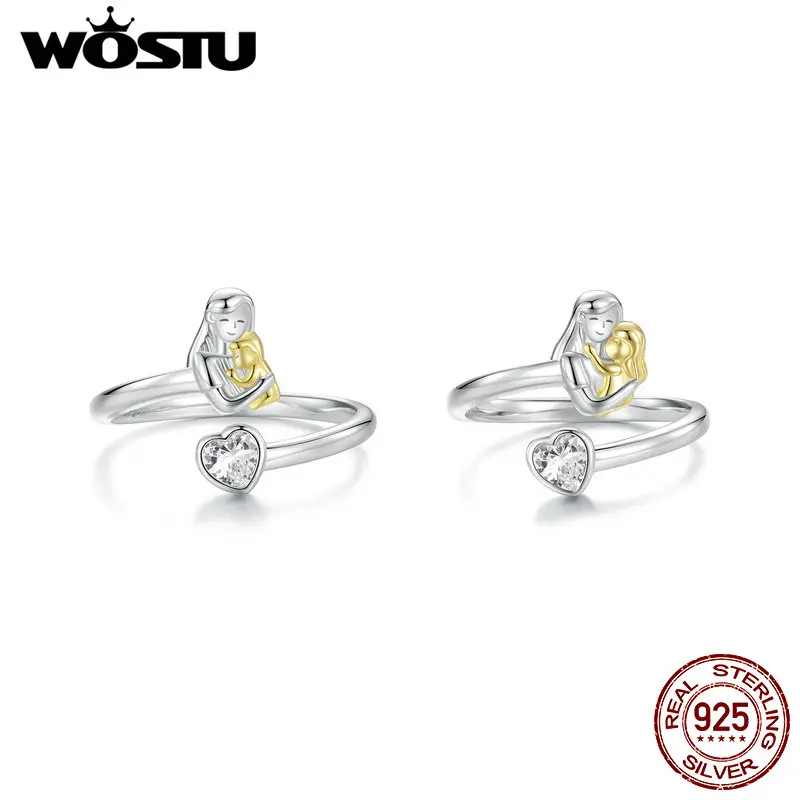 Wostu 925 Sterling Silver Matka a syn Matka a dcéra Otvorený prsteň 14K Zlaté pre ženy