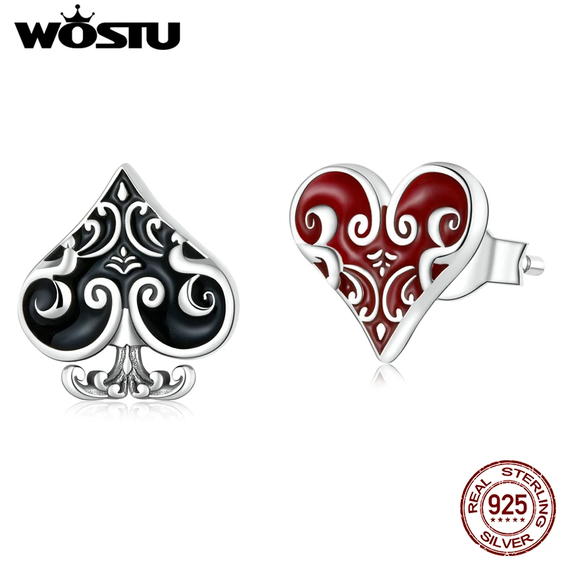 Wostu 925 Sterling Silver Poker Heart Asymetrical Čierne červené náušnice pre ženy módne párty darček klenotníctve CQE1378