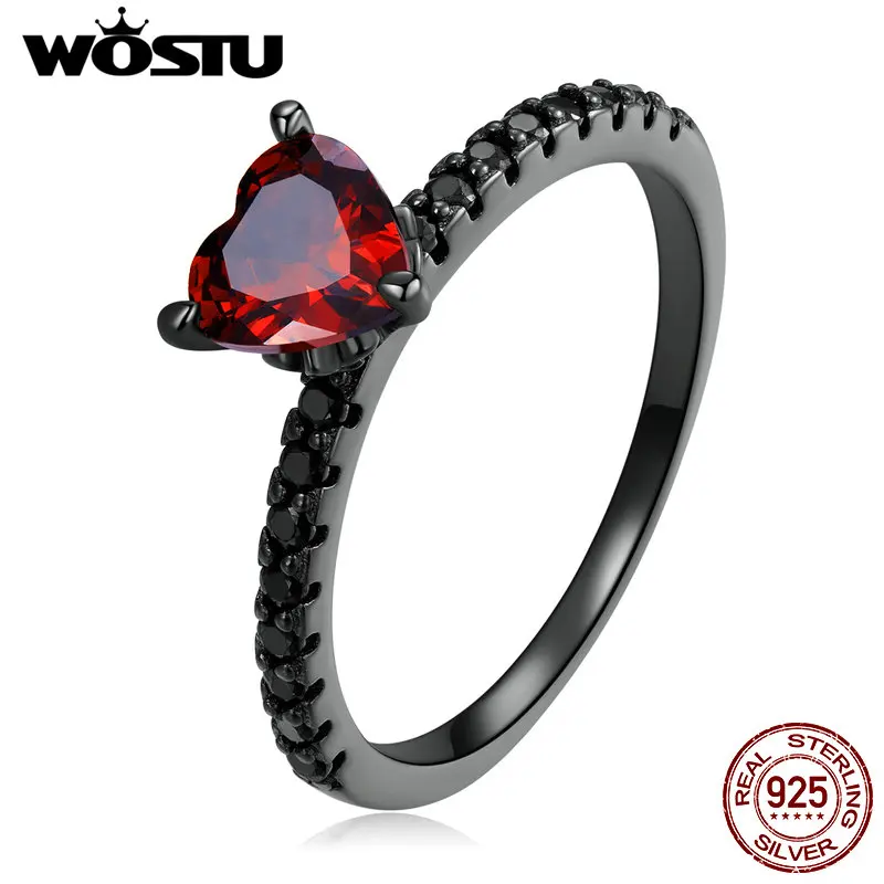 Wostu 925 Sterling Silver Punk Black Gold Red Heart Crystal Cz Rings for Women Halloween Girl Špeciálne šperky darčeky Hip Hop R877