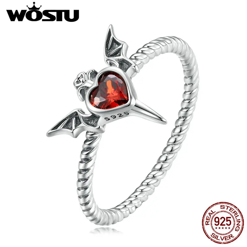 Wostu 925 Sterling Silver Punk Goth Bat Wings Braided Ring Black Heart Cz Retro Rings for Women Women Halloween Jewelry Darček hiphop