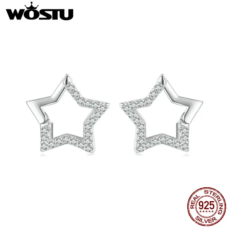 Wostu 925 Sterling Silver Silver Star Heart Stud náušnice Svadobné šperky Aaa zirkon Simple Ear Girl Girl Party Darček darček