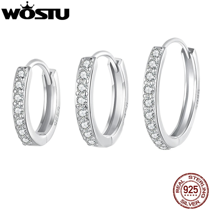 Wostu 925 Sterling Silver Simple Zirkón Round Hoop náušnice pre ženy Európske klasické skalné obruče Svadobné šperky doplnky