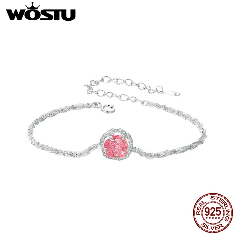 Wostu 925 Sterling strieborná zmena farby kvetinové spojenie náramok Ženy Romantické ružové kvety kúzlo náramky Party šperky darček
