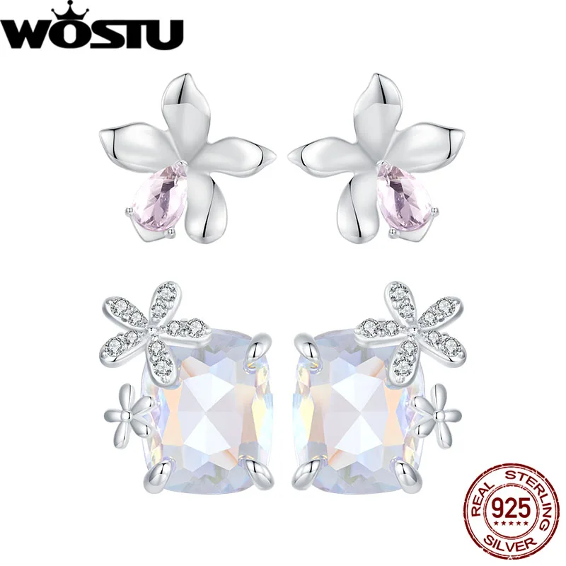 Wostu 925 Sterling strieborné ružové kvetinové náušnice Priehľadné sklenené vyhlásenie Kamenné ucho dekor pre ženy s zasnené šperky darček