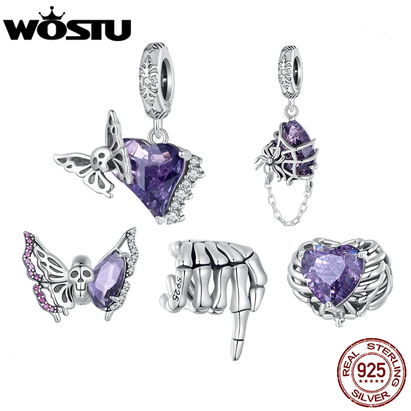 Wostu 925 Sterling strieborný fialový krištáľový prívesok Punk kostru ruky ruky lebky Butterfly kúzla pre darčekový náramok darček