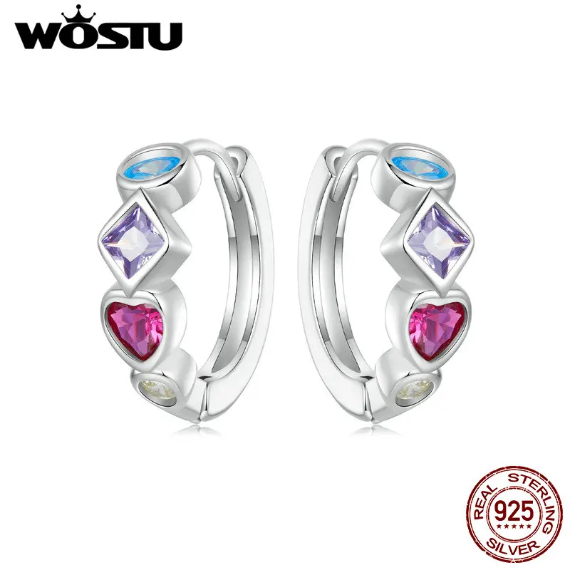 Wostu 925 Sterling strieborný roztomilý dúhový krištáľový obručové náušnice Ženy Multifarebné ucho Buckcles Girl Birthday Party Darček