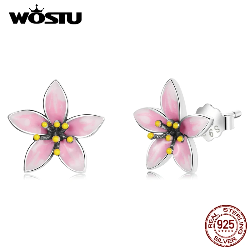 Wostu 925 Sterling strieborný ružový čerešňový kvet malý roztomilý náušnice pre dámske módne párty šperky CQE1273