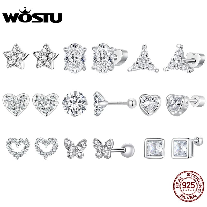 Wostu 925 Sterlingová strieborná svadba Simple AAA Zirkón Srdce oválne okrúhle náušnice pre ženy šumivé kvetinové gombíky Engagement