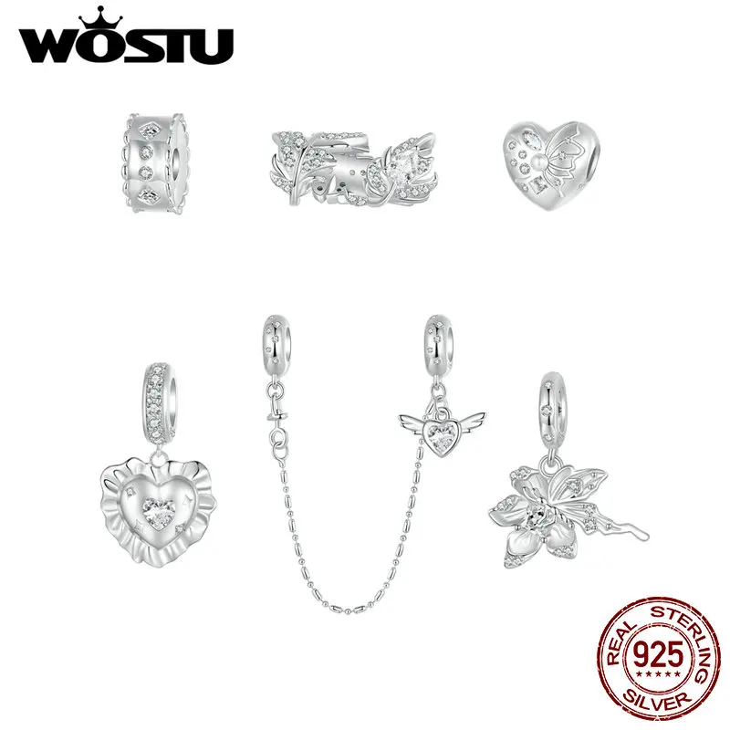 Wostu 925 Strieborné motýľové kúzlo Medvedí medveď prívesok Srdce Wing Safty Reťaz perie zátka Petrák Fit náramok náhrdelník DIY Party darček