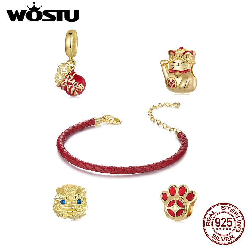 Wostu 925 Striebro Nový rok darček Lucky Red Koi Charm Lucky Bag Prívesok labky korálky