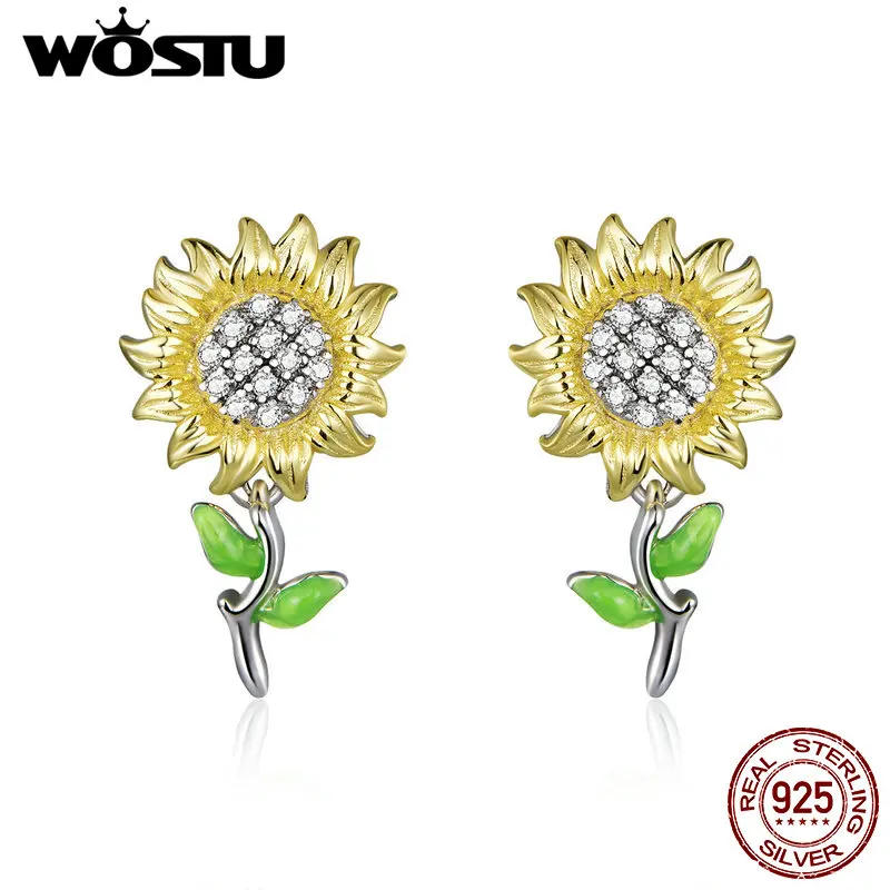 Wostu Hot Sale Real 925 Sterling Silver Sunflower Exquisit Stud Cuitrings pre ženy trendy strieborné strieborné šperky CQE919