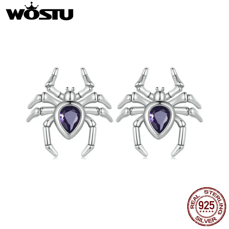 Wostu Vintage 925 Sterling Silver Spider Stud náušnice hmyz zirkón v tvare srdca pre ženy módne šperky Hallowmas Party darček