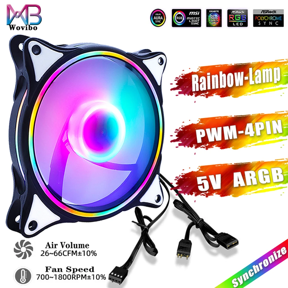 Wovibo 120 mm ARGB ventilátor 5v 3pin pwm 4pin 12v dc dúha rgb Mute tichý počítačový puzdro chladenie chladiča ventilador aura synchronizácia