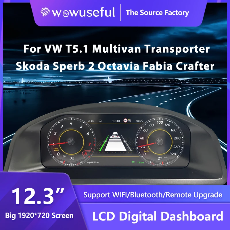WOWUSEFUL 12.3 LCD digitálny prístrojový panel pre VW T5.1 Multivan Transporter Skot Superb Octavia Fabia Crafter Paneel Cockpit
