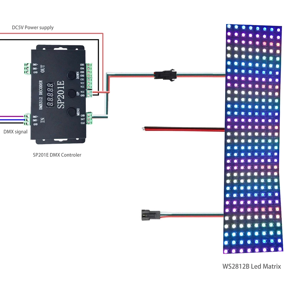 WS2812B WS2811 DMX to SPI LED radiča Dekodér a matricový panel matrice WS2812 SP201E 5 kanála DMX 512 RGB WW Dekodérový ovládač