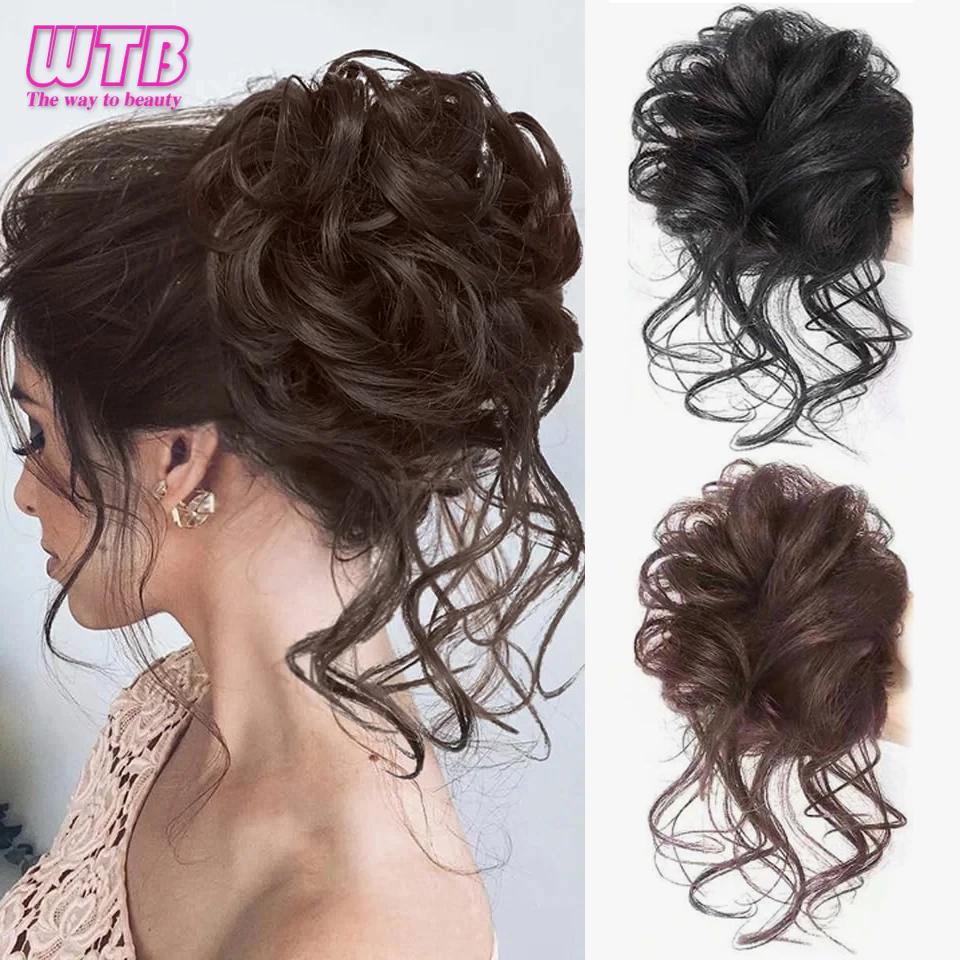 WTB Syntetický chaotický kučeravý kučeravý scrunchie Chignon s gumovou pásmou obalom okolo vlasových poníkov chvost šišky na vlasy