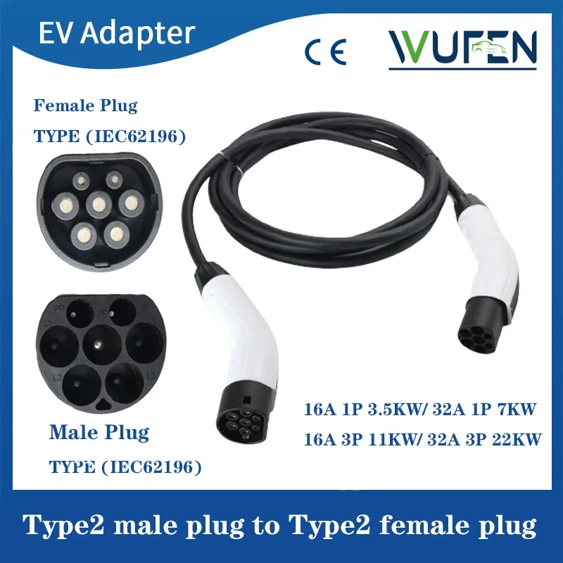 Wufen typu2 na nabíjací kábel typu2 EV 3fázový 32A Kábel 3M Plug 3M 11KW 22KW IEC62196-2 EVES nabíjacie stanice