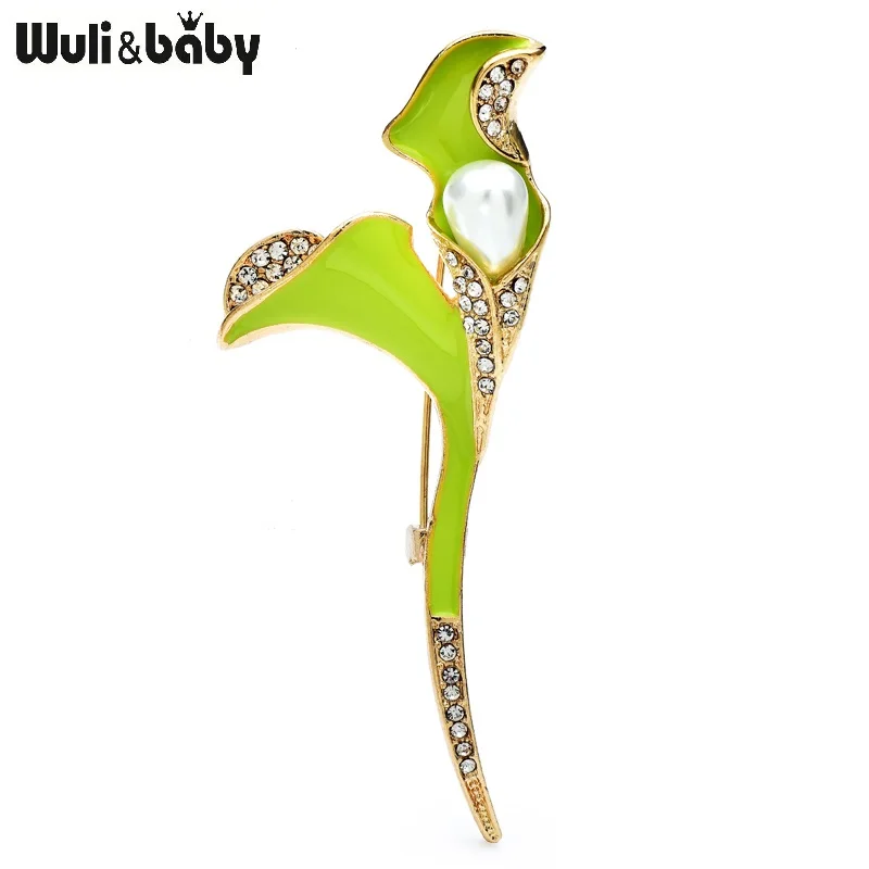 Wuli & Baby Art Pearl Lily Flowers Brošes pre ženy unisex 2-farebné smaltované kamienky Rastliny listov večierok