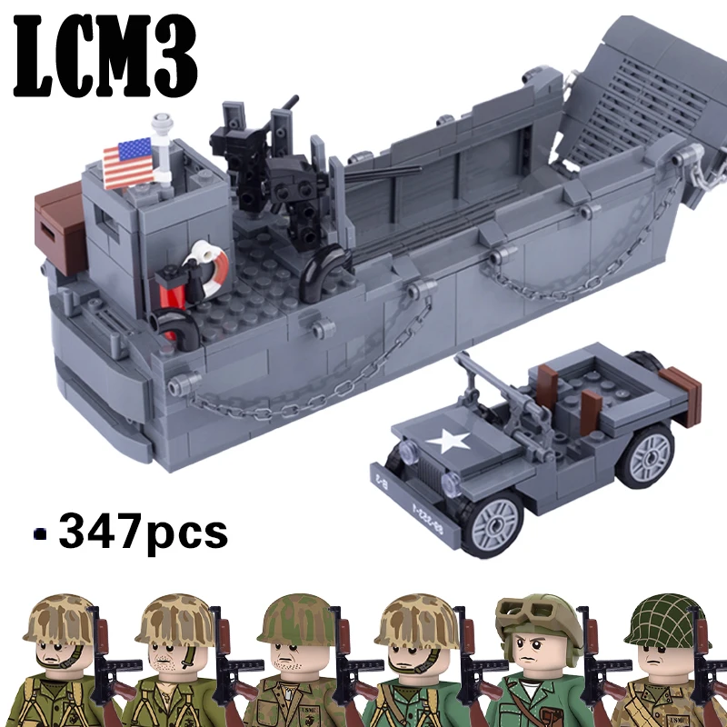 WW2 USA Vojenská LCM3 pristávacie lode stavebné bloky WW1 Armádny bojovník vojak figúrky pechoty zbrane zbrane lode automobil s tehlami Boy