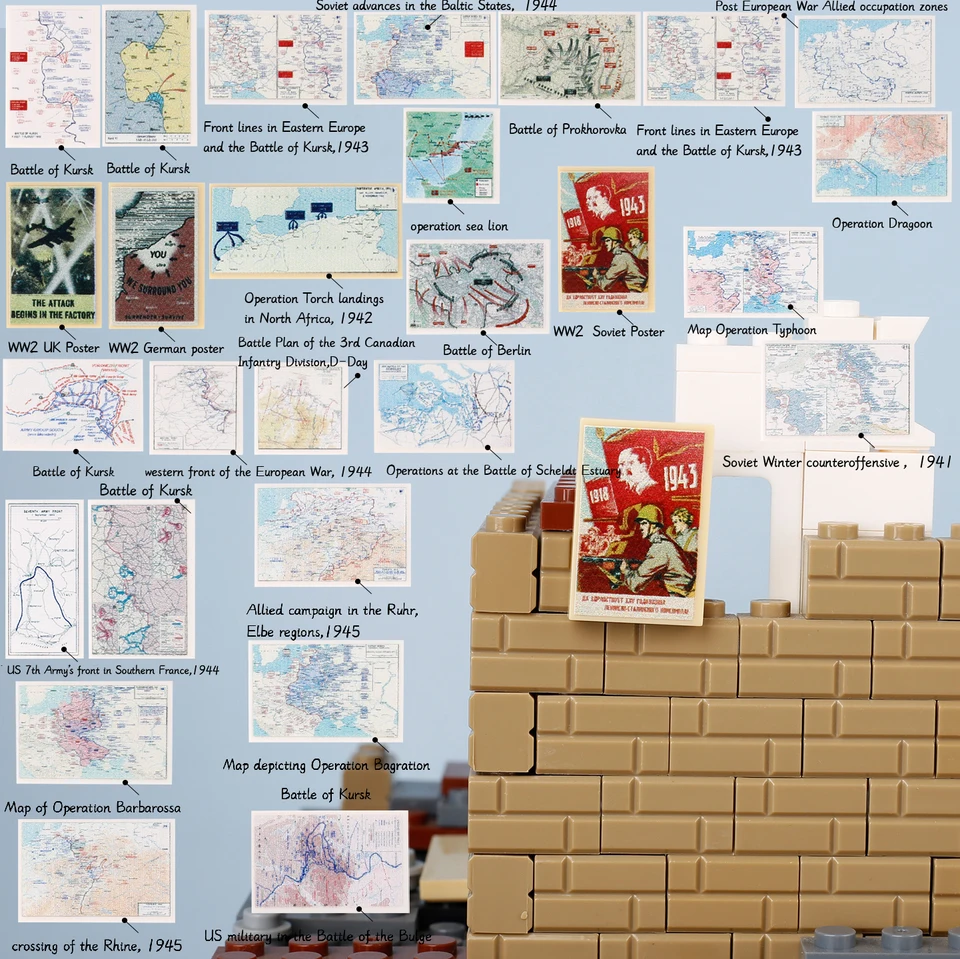 WW2 Vojenská mapa mapy kampane Budúce bloky Dunkirk Normandy Sovietsky plagát Západné predné tlačené dlaždice Berlínske bojové tehly hračky