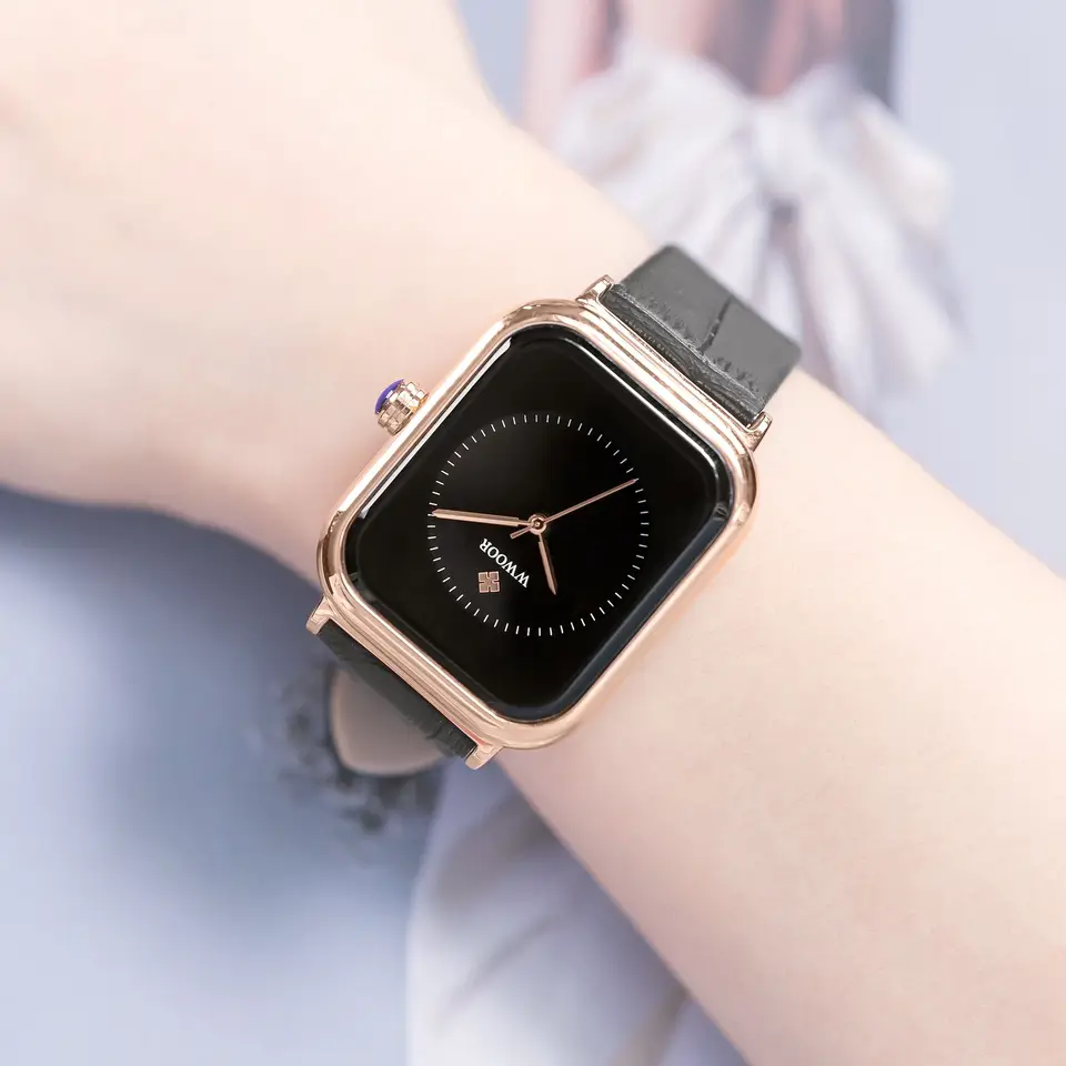Wwoor Dámske kožené remienok Červené štvorcové hodinky jednoduché dámy veľké hodinky Top značka Luxusná koža nepremokavá zápästie Watch reloj Mujer