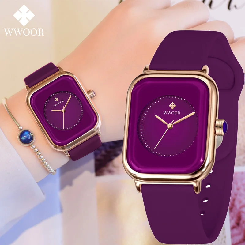 Wwoor Luxury Brand Watches for Women Fashion Square Purple Ladies Quartz Wrictwatch Witerproof Silikone Band Relogio Feminino