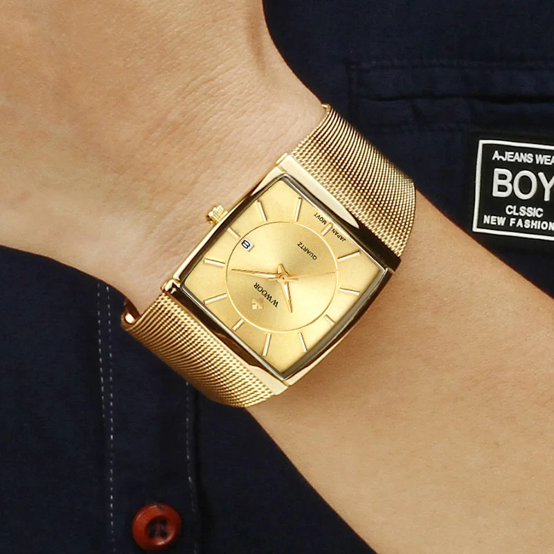 Wwoor Top Brand Luxury Japan Quartz Movement Watches Mens Ultra Thin Gold Steel Watch Watch for Men Square Witerprope Watch Watch