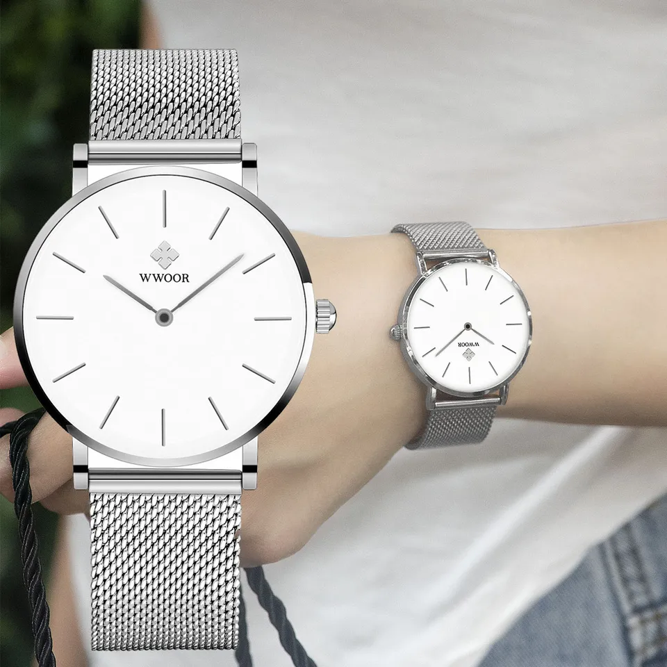 Wwoor Women Watch Slim Silver Dámske šaty hodinky módna vodotesná nehrdzavejúca oceľ ženský kremeň náramky reklamy relogio feminino