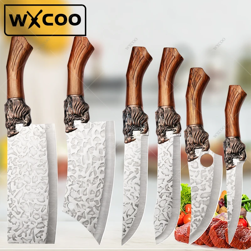 WXCOO kované kuchynské šéfkuchár Nôž sada z nehrdzavejúcej ocele Mäso Rybie ovocie Zelenina Krások nôž noža Butcher Boning Cleaver nože