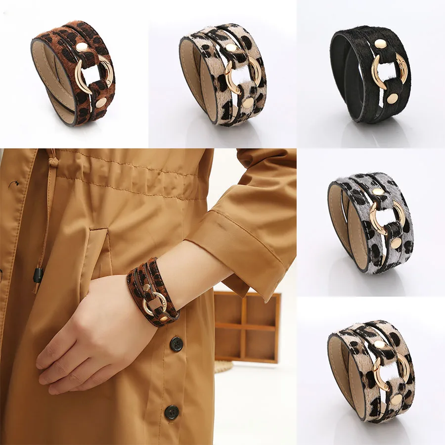 WYBU PU LINKAPLE PRE ŽENY VLASTNÍCTVO VLASTNÍCTVO Leopard Horse Hair Fancované kožené zápästie Móda talianske kúzlo náramok