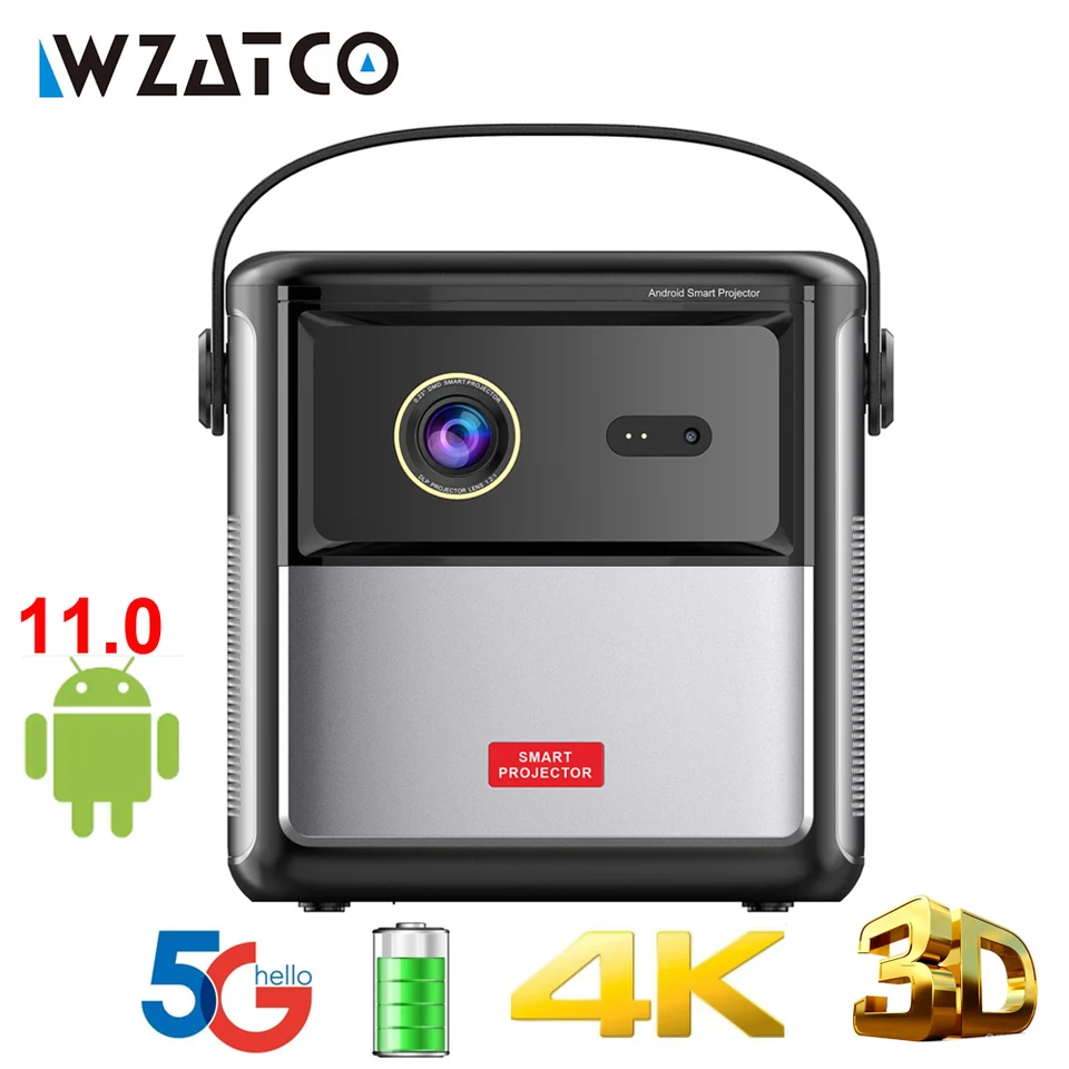 WZATCO S90 SMART DLP 3D projektor Android 11.0 5G WiFi Full HD 1080P 4K 32G 300 palcov Beamer 3LED Pocket Cinema Projector batéria