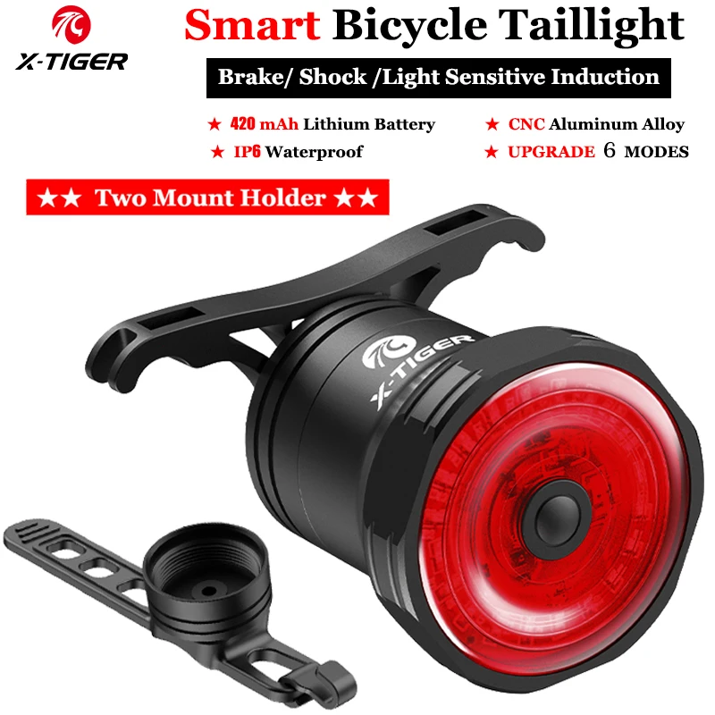 X-Tiger Bicycle Taillight IPX6 nepremokavá cyklistická LED žiarovky Smart Auto Brzdenie Svetlo 420 mAh 6 Gears Bicykel Zadné svetlá