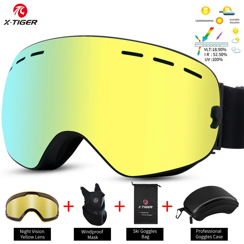 X-Tiger lyžiarske okuliare Dvojité vrstvy Anti-Fog Set Snowmobile okuliare zimné vonkajšie športové lyžovanie