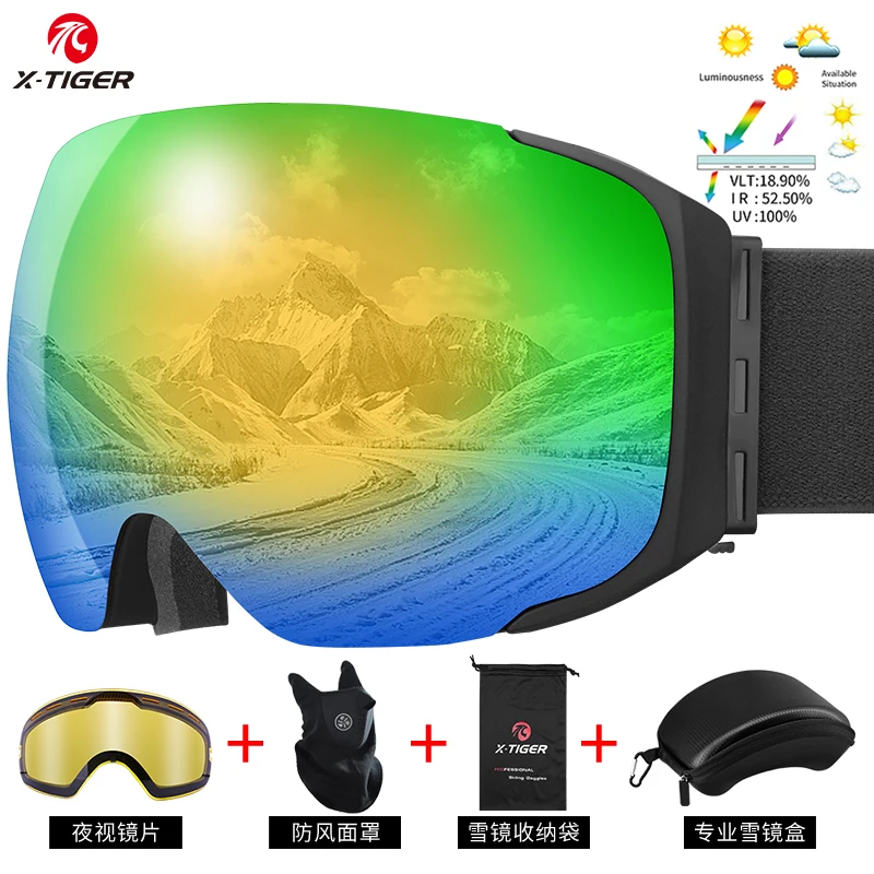 X-Tiger Pro Ski Loggles UV400 Anti-Fog Eyewear Magnetic Lens Nočné videnie Žltý objektív Outdoor Sport Snowboard Snow Goggles Set Set