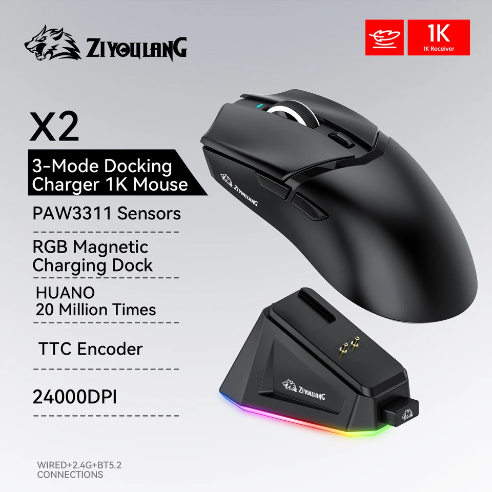 X2 Wireless Mouse, 24000DPI PAW3311 BT/2,4G/Káblové tri-režim Mouse Ultra-Light Magnetic nabíjanie Dock Hering Myš