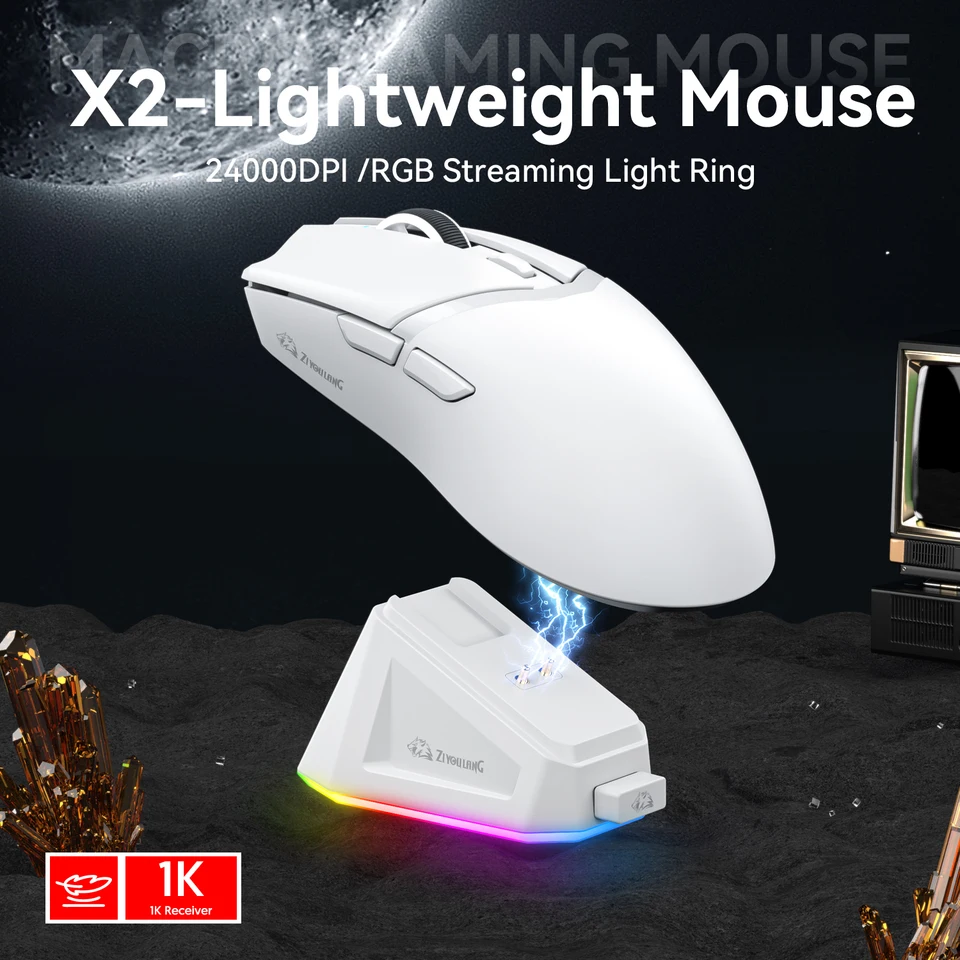 X2 Wireless Mouse Gaming RGB Magnetic Charger, Ziyoulang Bluetooth Tri-režim, pripojenie Paw3311 makro myši, 24000 dpi, 1k návrat