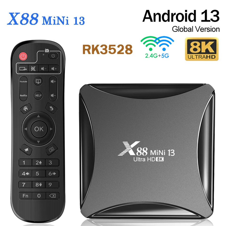 X88 MINI 13 SMART TV Box Android 13.0 RK3528 8K HD 2,4G a 5G DUAL WIFI 2GB 16 GB SET TOW Box Play