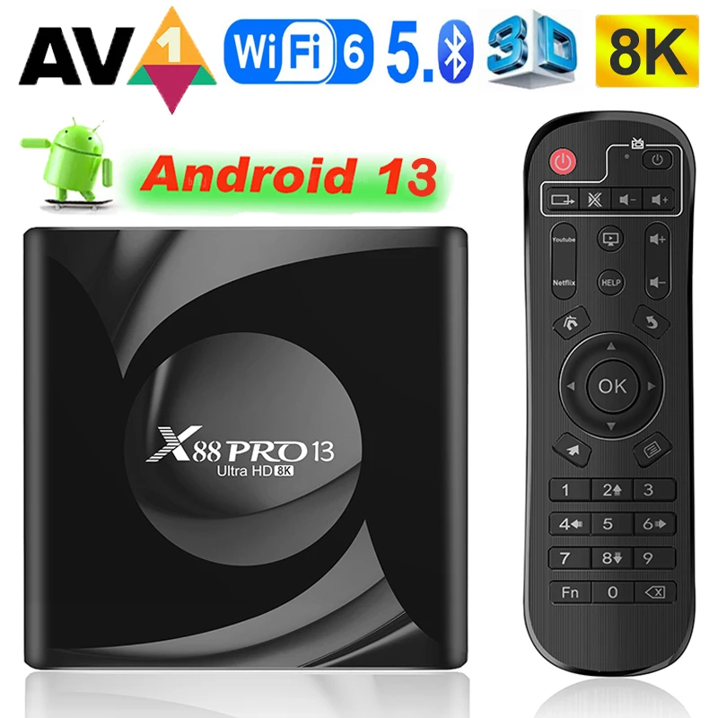 X88Pro Android 13 TV box 4 GB 64 GB RK3528 SMART Android TVBOX QUAD Core 8K WIFI6 AV1 2.5GHZ a 5.8GHZ BT5.0 Médiá Set HORKOVÝ SET TOHOBLÝ BOX